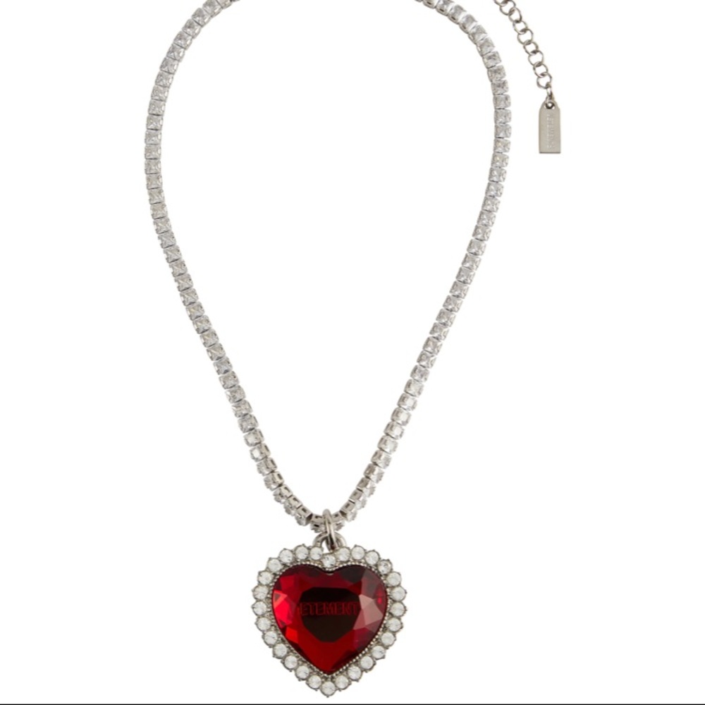 VETEMENTS Silver & Red Heart Crystal Necklace.